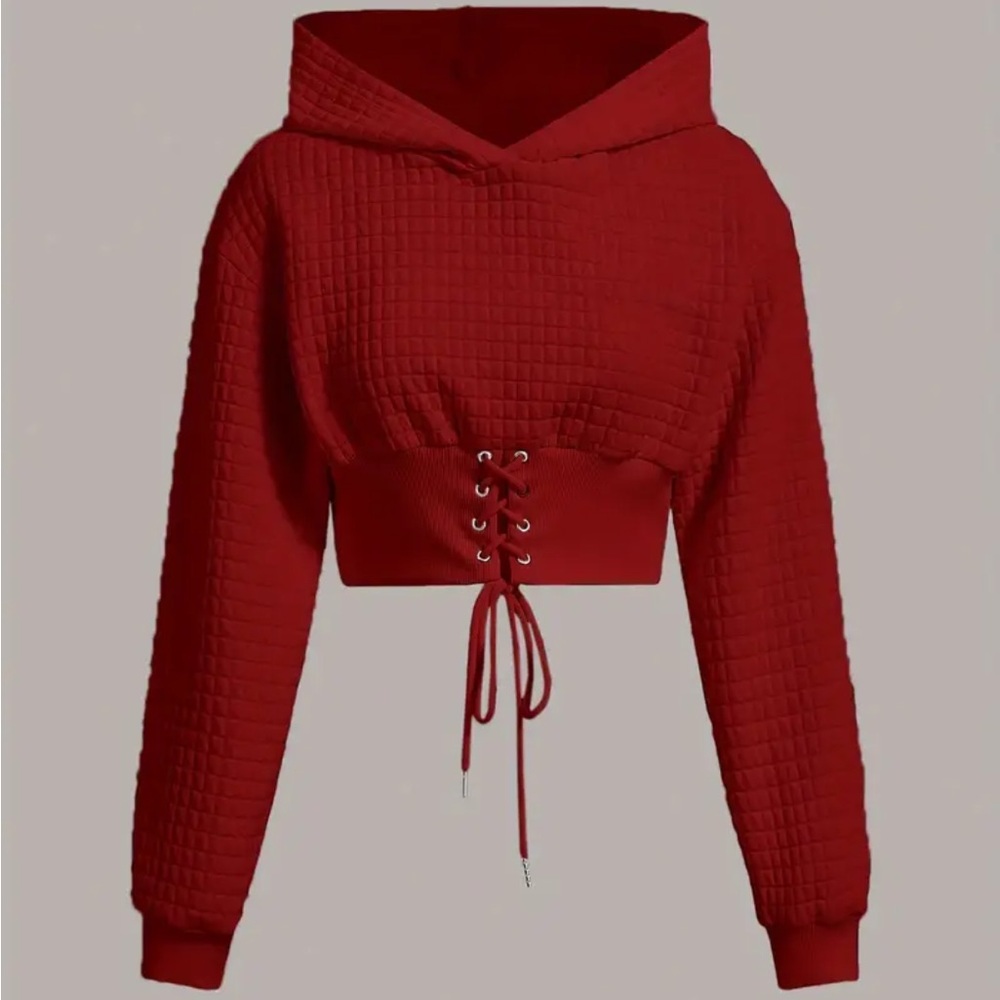 Red Cropped Long Sleeve Hoodie with Tie Front Detail